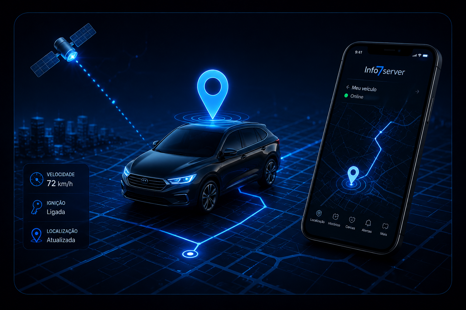 Rastreamento veicular com GPS, mapa, veículo e aplicativo